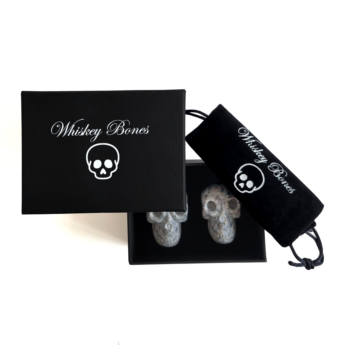 Set of 2 Grey Whiskey Stone Skulls - Made of 100% Pure Granite by Whiskey Bones